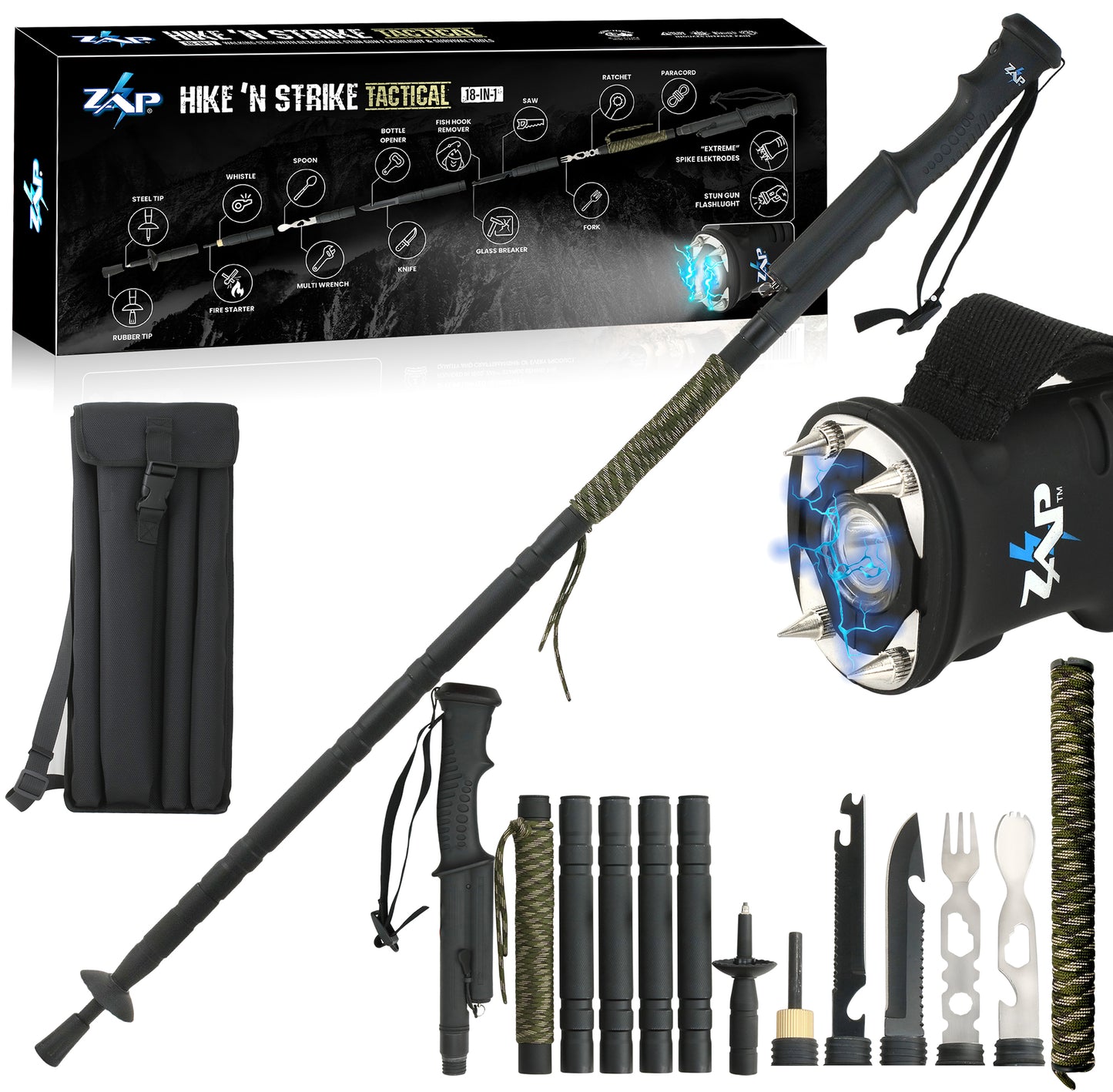 ZAP Hike 'n Strike 18-in-1 Tactical Walking Stick with Detachable Stun Device Flashlight & Integrated Survival Kit | Feel Safe & Prepared Hiking Outdoors (Lightweight 1.9 lbs, Collapsible 5-Tubes)